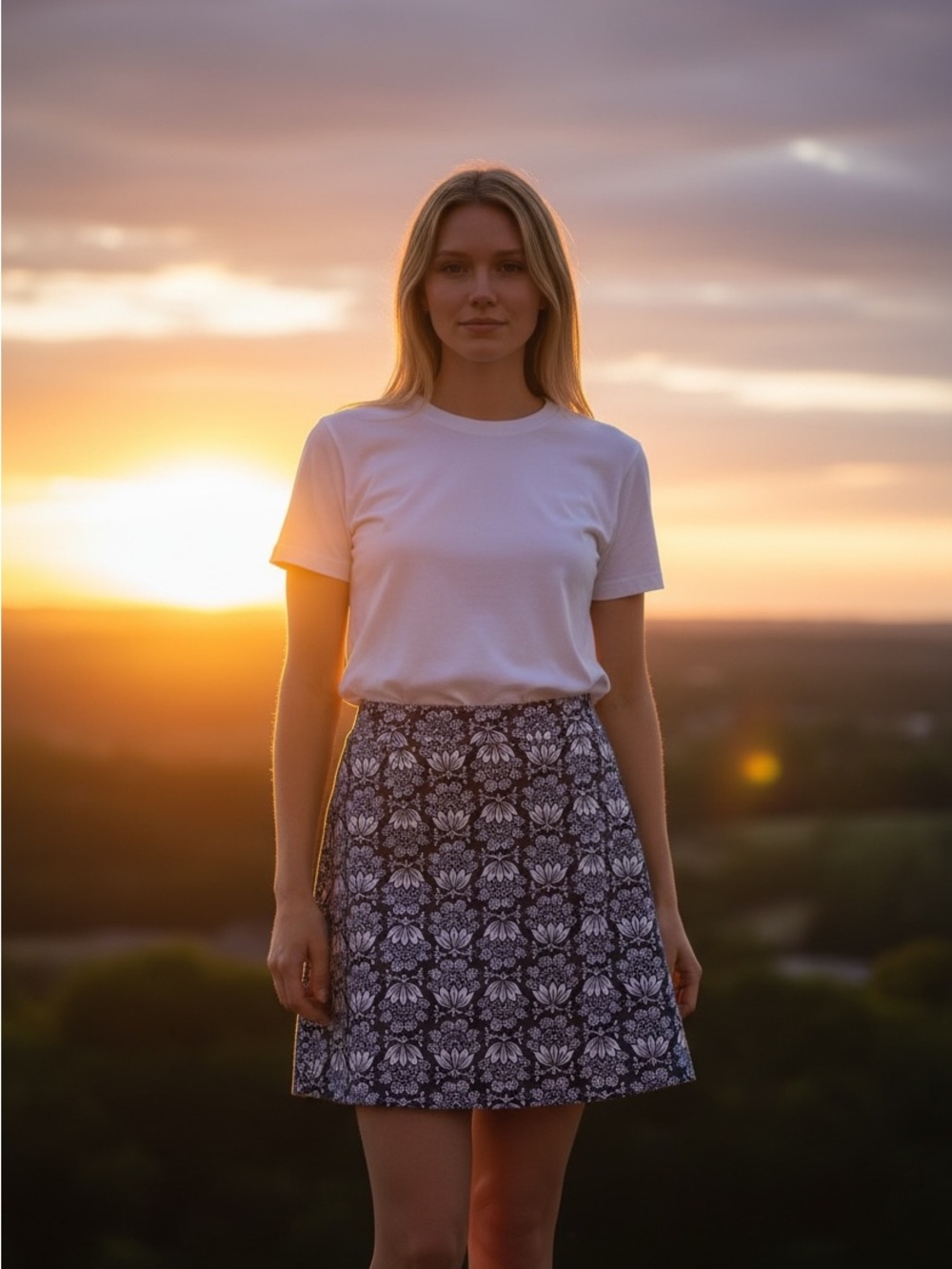 Floral Pattern A-Line Skort-Navy and White floral print